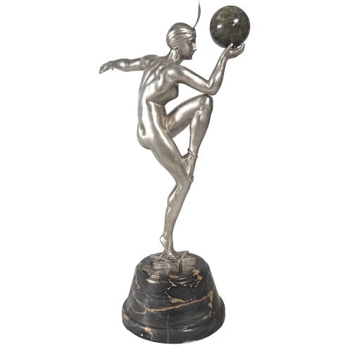 An Art Deco silvered bronze sculpture depicting a stylized female dancer balancing a sphere on her hand, mounted on a dark marble base. View IV