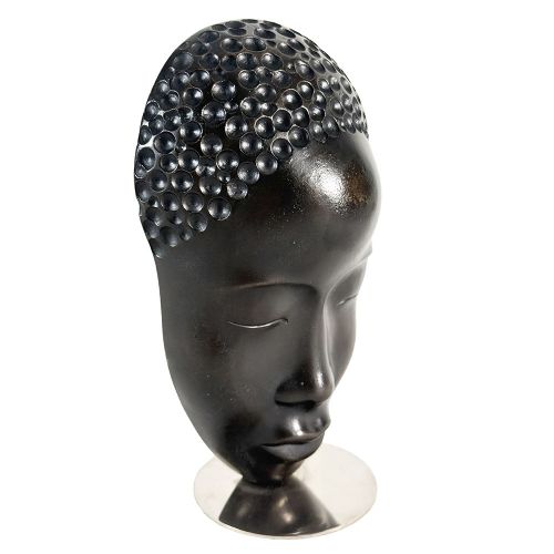 A dark patinated bronze Art Deco bust depicting a stylized female head with textured hair on a circular metal base. View III