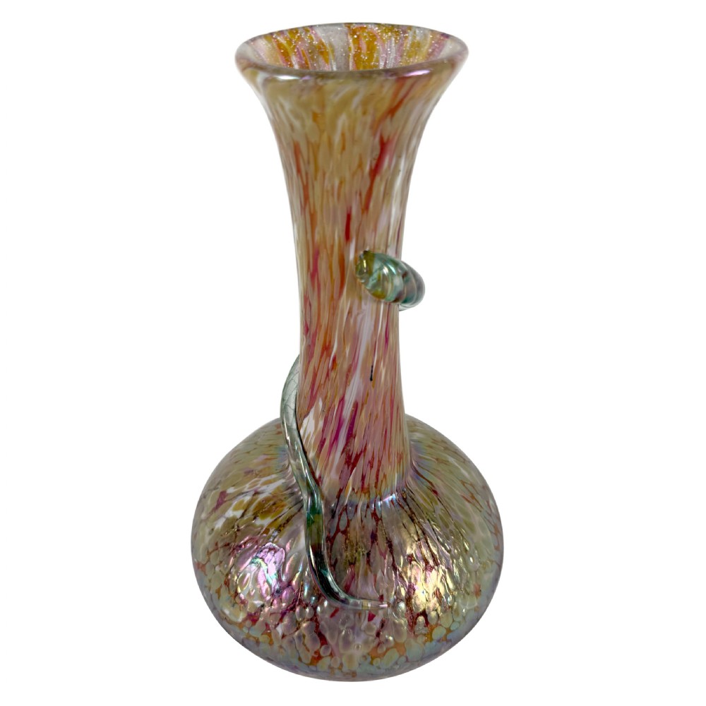 An Art Nouveau blown glass vase with a flared neck, bulbous base, iridescent mottled pink and gold finish, and an applied glass snake coiled around the neck.