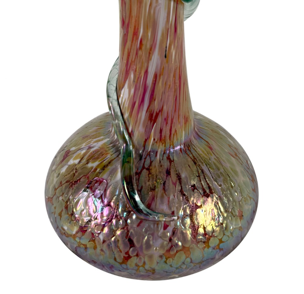 An Art Nouveau blown glass vase with a flared neck, bulbous base, iridescent mottled pink and gold finish, and an applied glass snake coiled around the neck. View II