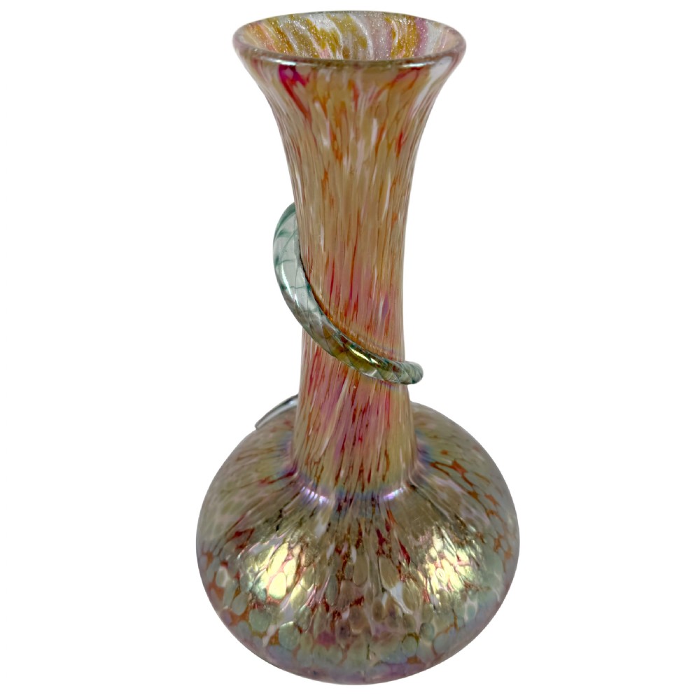 An Art Nouveau blown glass vase with a flared neck, bulbous base, iridescent mottled pink and gold finish, and an applied glass snake coiled around the neck. View III
