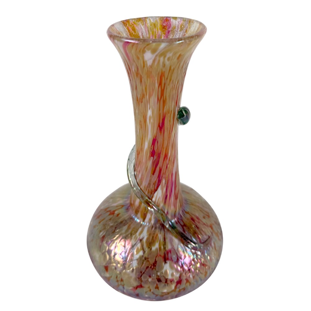 An Art Nouveau blown glass vase with a flared neck, bulbous base, iridescent mottled pink and gold finish, and an applied glass snake coiled around the neck. View V