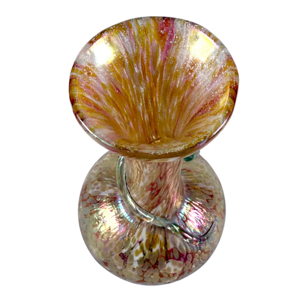 An Art Nouveau blown glass vase with a flared neck, bulbous base, iridescent mottled pink and gold finish, and an applied glass snake coiled around the neck. View VIII