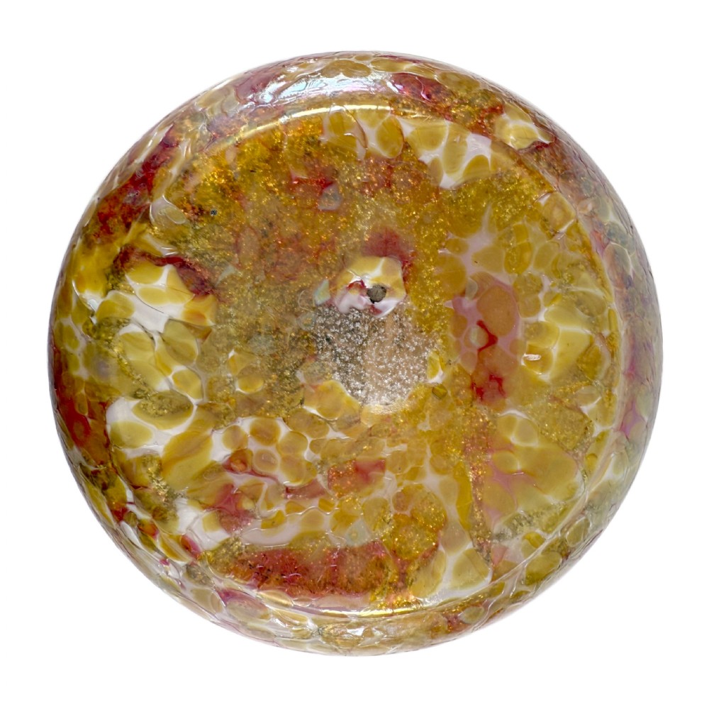 An Art Nouveau blown glass vase with a flared neck, bulbous base, iridescent mottled pink and gold finish, and an applied glass snake coiled around the neck. View IX