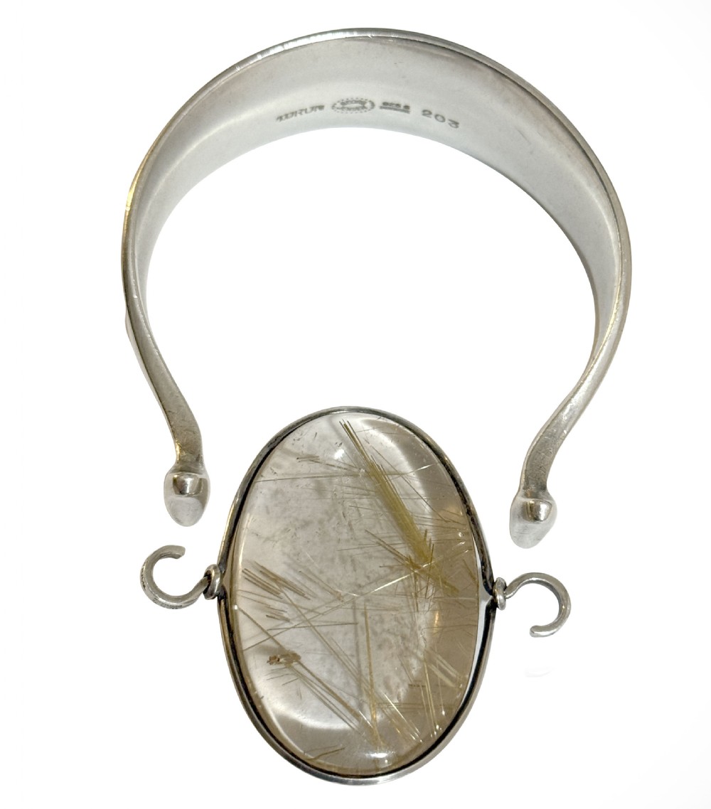 Modernist silver and rutilated quartz bracelet for Georg Jensen  View II