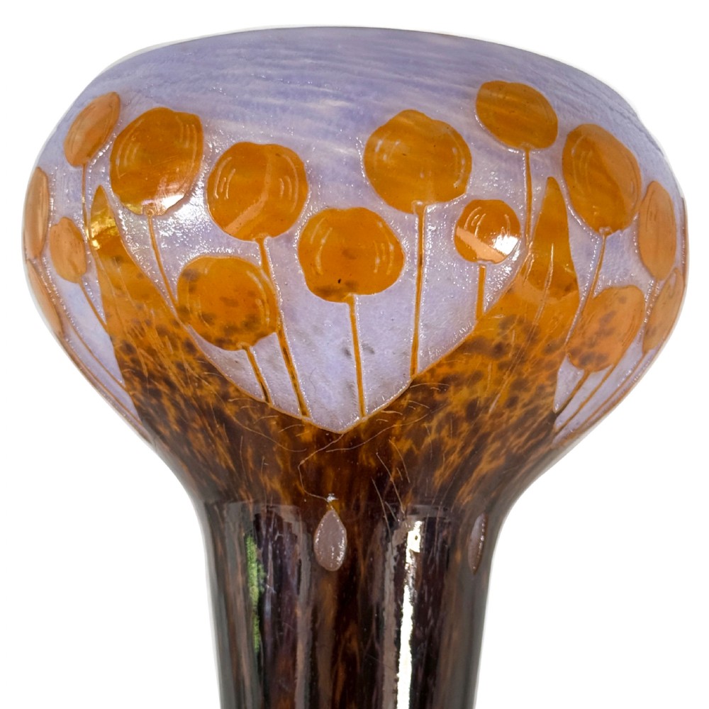 An Art Deco Le Verre Francais cameo glass vase featuring orange circular motifs on a mottled purple ground with a dark brown tapered stem and foot. View II