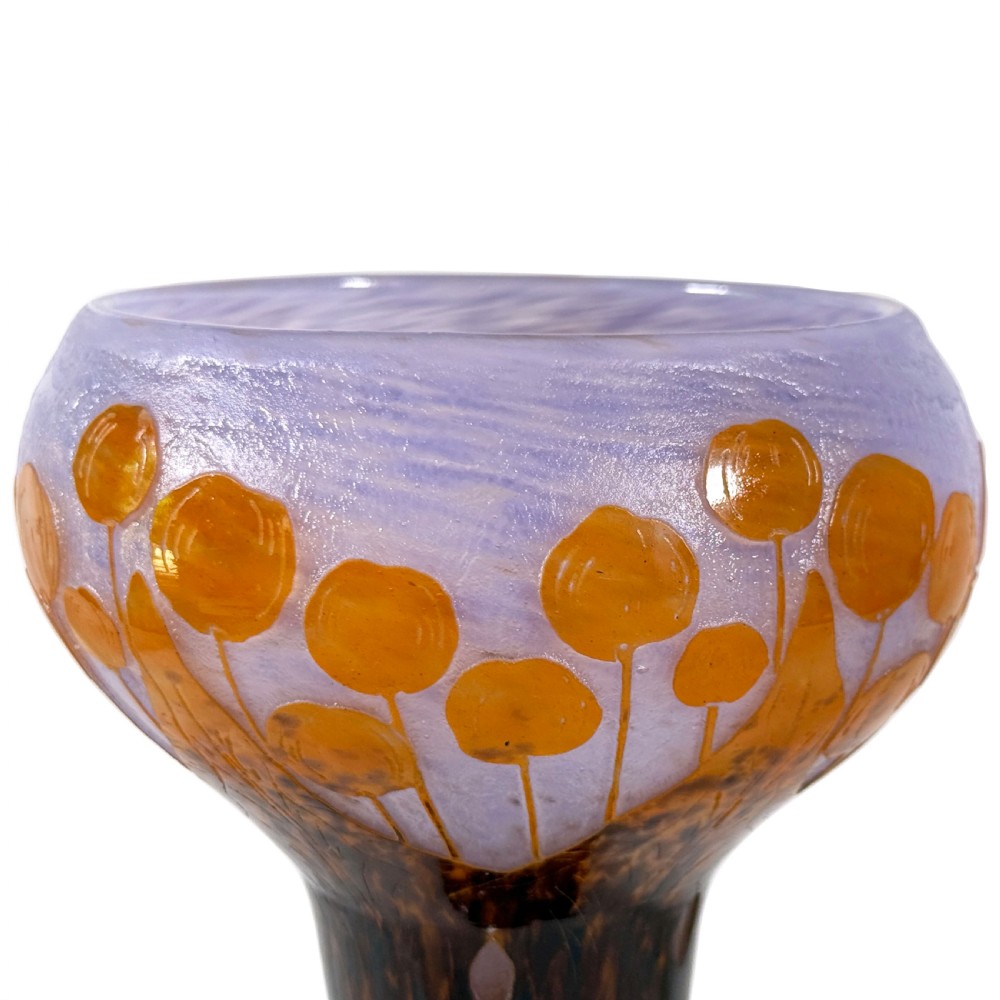 An Art Deco Le Verre Francais cameo glass vase featuring orange circular motifs on a mottled purple ground with a dark brown tapered stem and foot. View III