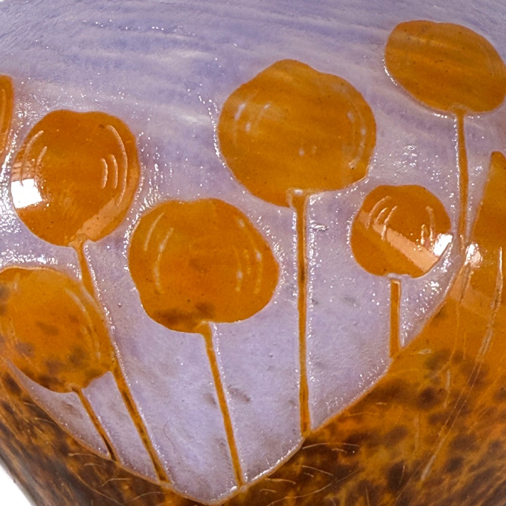 An Art Deco Le Verre Francais cameo glass vase featuring orange circular motifs on a mottled purple ground with a dark brown tapered stem and foot. View IV
