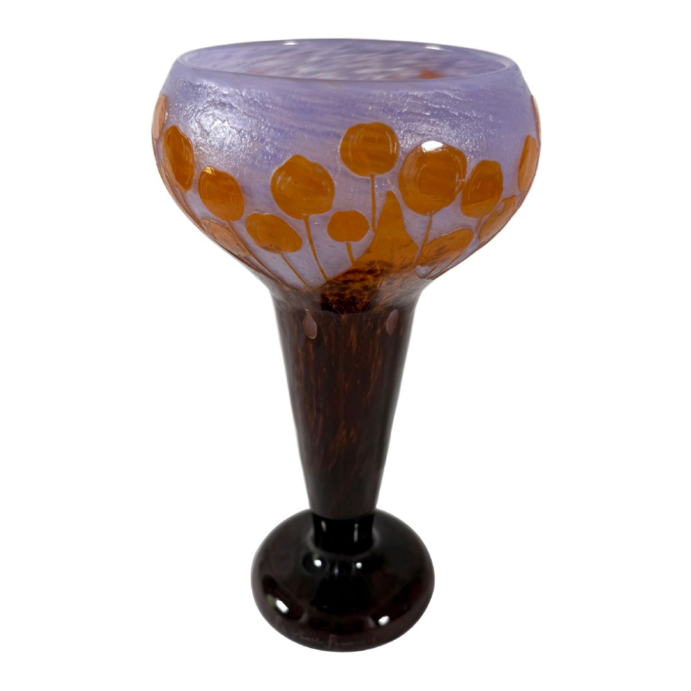 An Art Deco Le Verre Francais cameo glass vase featuring orange circular motifs on a mottled purple ground with a dark brown tapered stem and foot. View VI