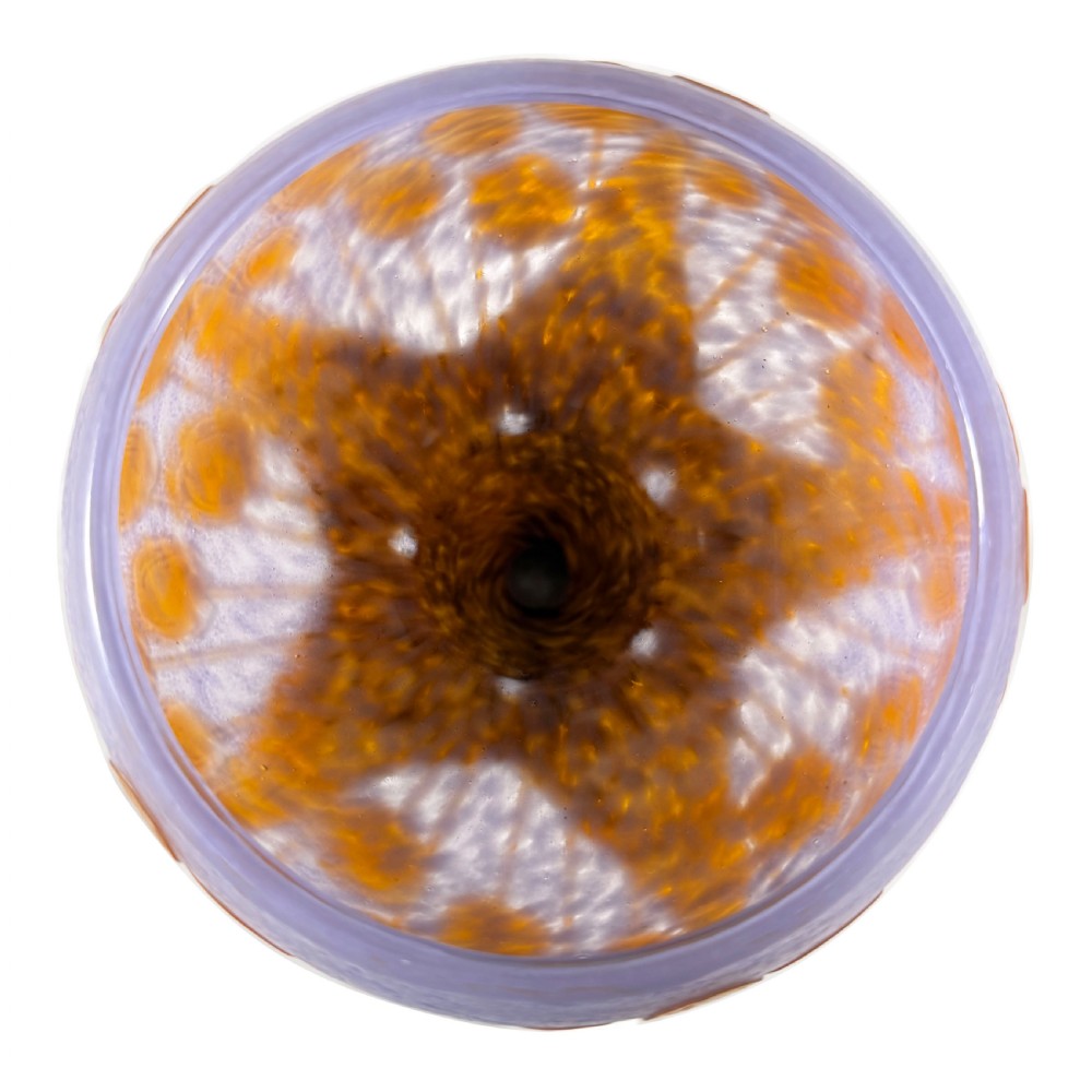 An Art Deco Le Verre Francais cameo glass vase featuring orange circular motifs on a mottled purple ground with a dark brown tapered stem and foot. View VII