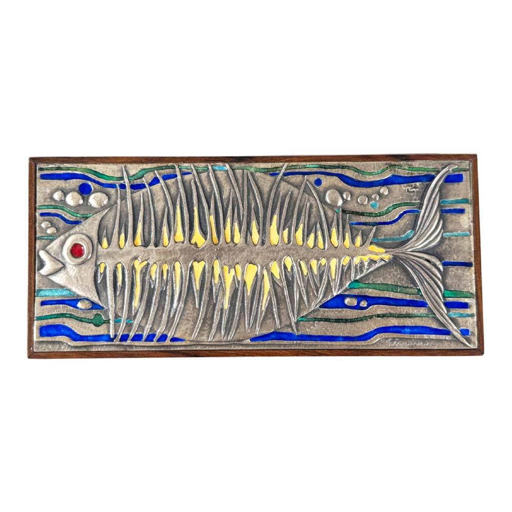 A rectangular mid-century rosewood box featuring a textured silver lid decorated with a stylised fish motif in blue, green, yellow, and red enamel. View V