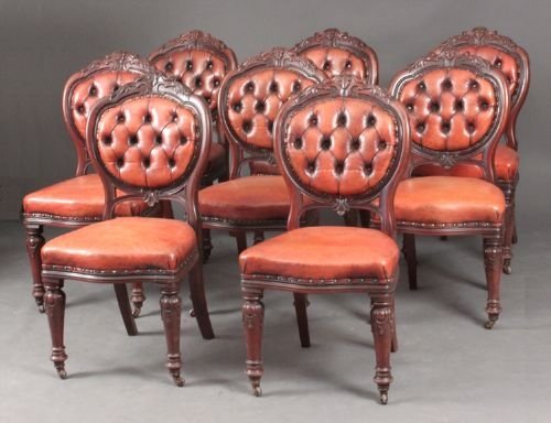 Set of 8 Victorian Library or Dining Chairs with Leather Upholstery