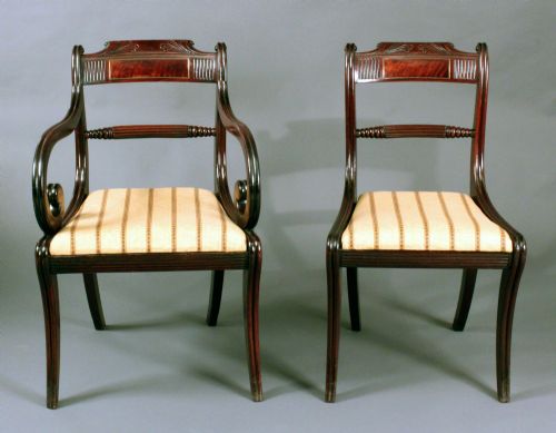 Six Regency Mahogany Sabre Leg Dining Chairs