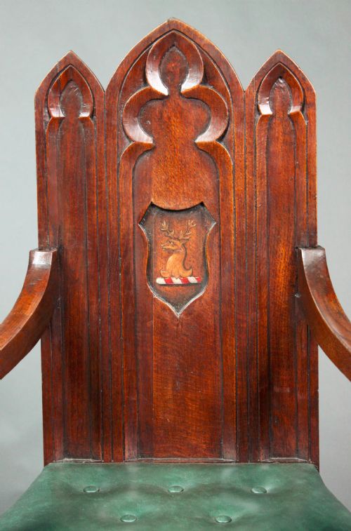 A PAIR OF ARMORIAL GOTHIC OAK HALL CHAIRS WITH ARMS - ADDITIONAL PHOTO 2