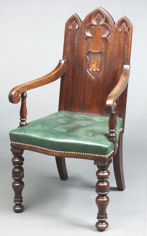 A PAIR OF ARMORIAL GOTHIC OAK HALL CHAIRS WITH ARMS - ADDITIONAL PHOTO 5