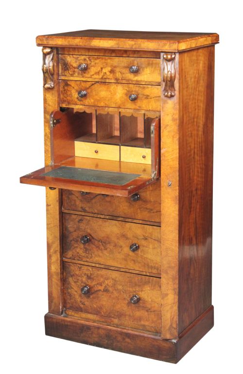 Victorian Burr Walnut Secretaire Wellington Chest
