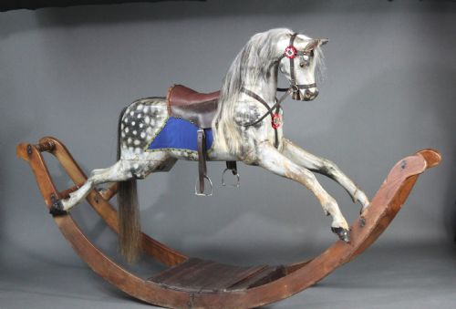 Large Antique Rocking Horse on Curved Wooden Rockers
