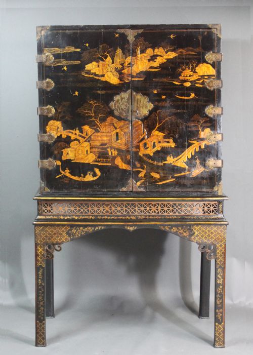A William and Mary Black Lacquer Cabinet on Stand