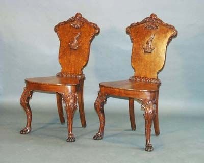 Pair of Burr Oak Hall Chairs with Goat Head Armorials