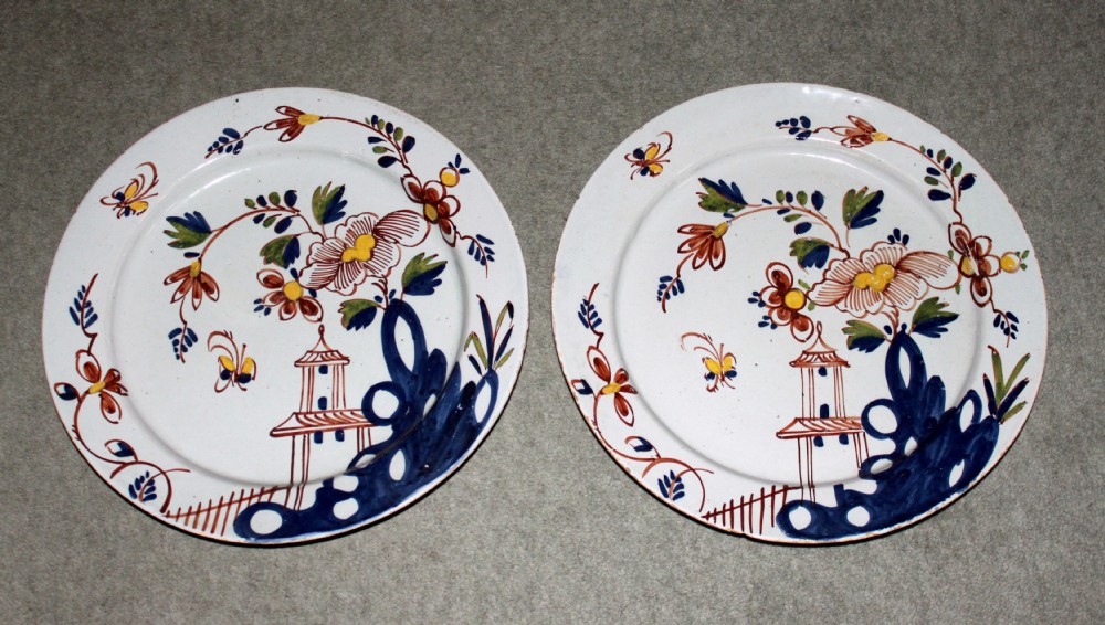 Pair of Bristol delft polychrome dishes