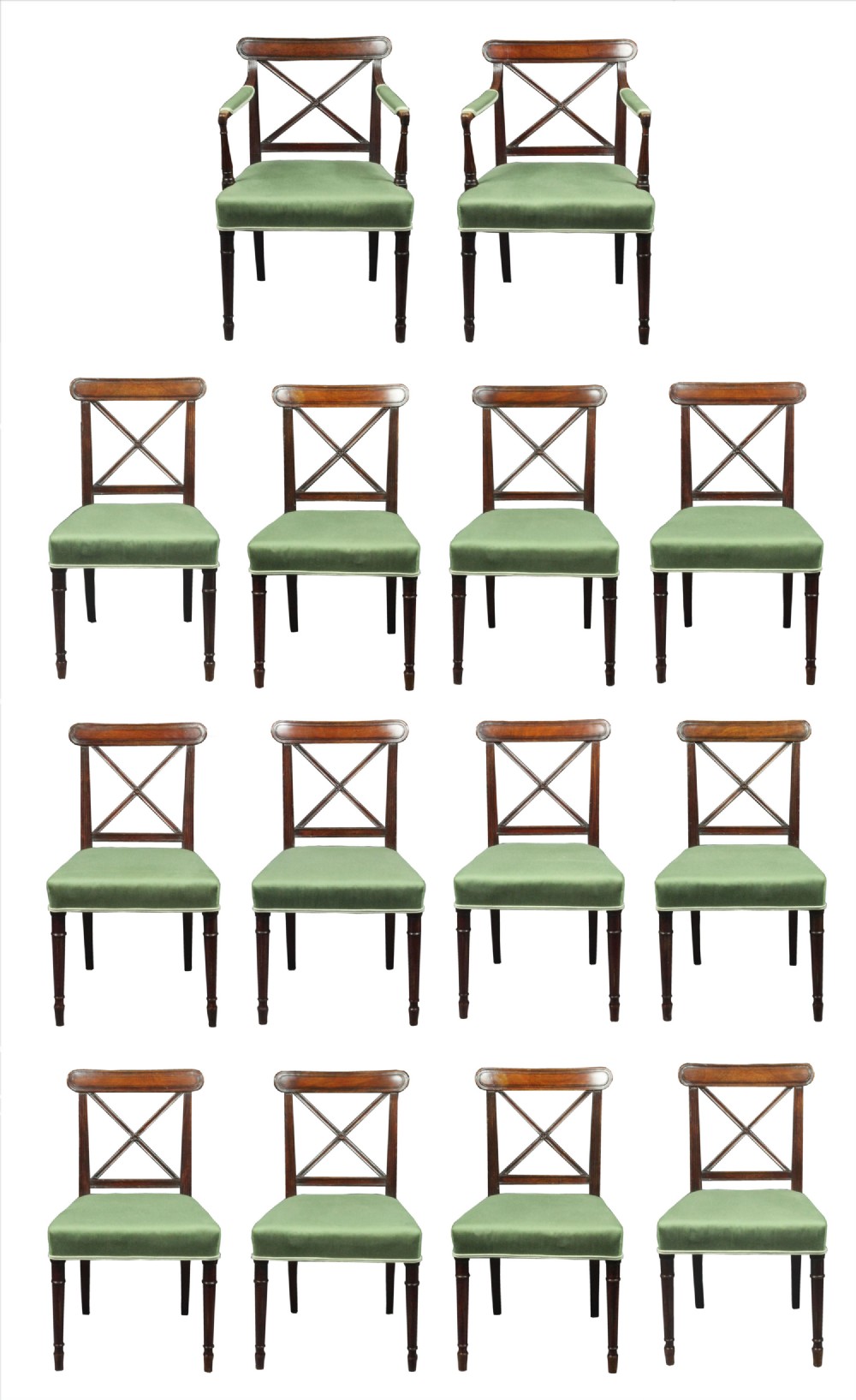 Set of 14 Sheraton period mahogany dining chairs
