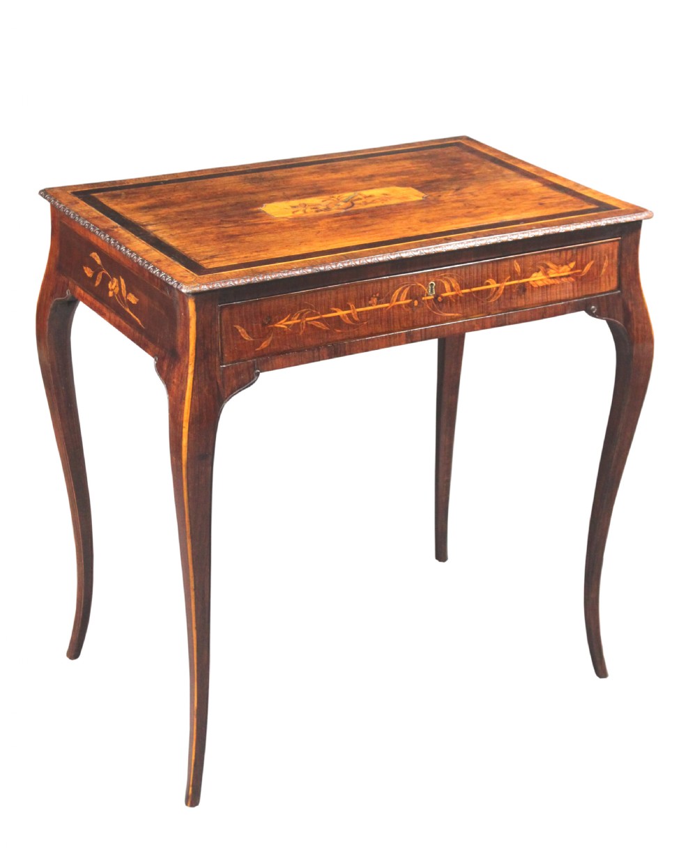 A rectangular George III style mahogany centre table featuring intricate floral marquetry inlay on the top and frieze, supported by slender cabriole legs.