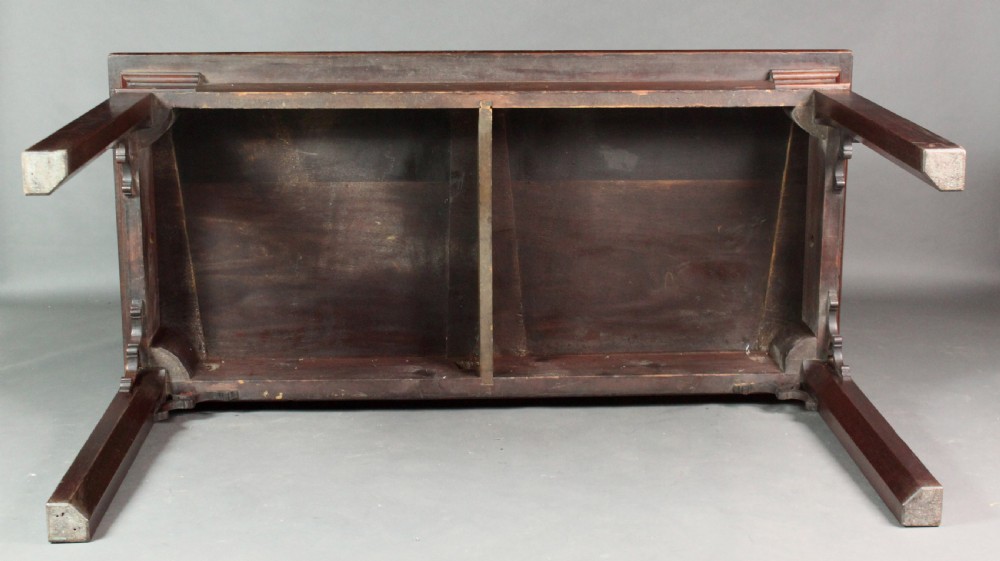 A dark mahogany rectangular Chippendale side table with a parquetry top, blind fretwork carved frieze, pierced corner brackets, and straight square legs. View VII
