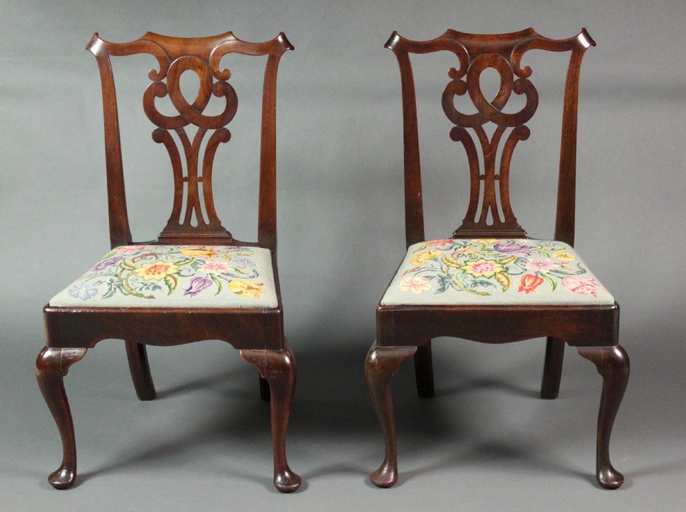 Pair of George II mahogany cabriole leg chairs View III