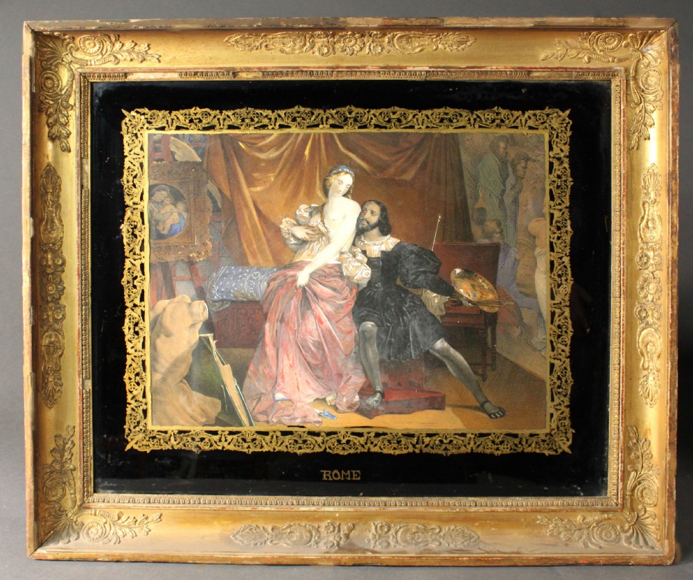 A 19th-century French narrative print titled Rome featuring an artist and his muse, housed within a black glass mount with gold filigree and an ornate giltwood frame.
