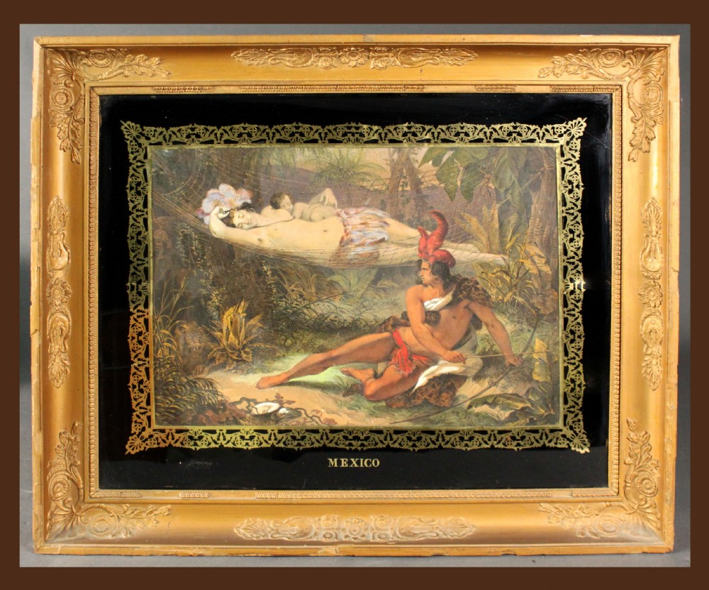 A 19th-century French narrative print titled Rome featuring an artist and his muse, housed within a black glass mount with gold filigree and an ornate giltwood frame. View II