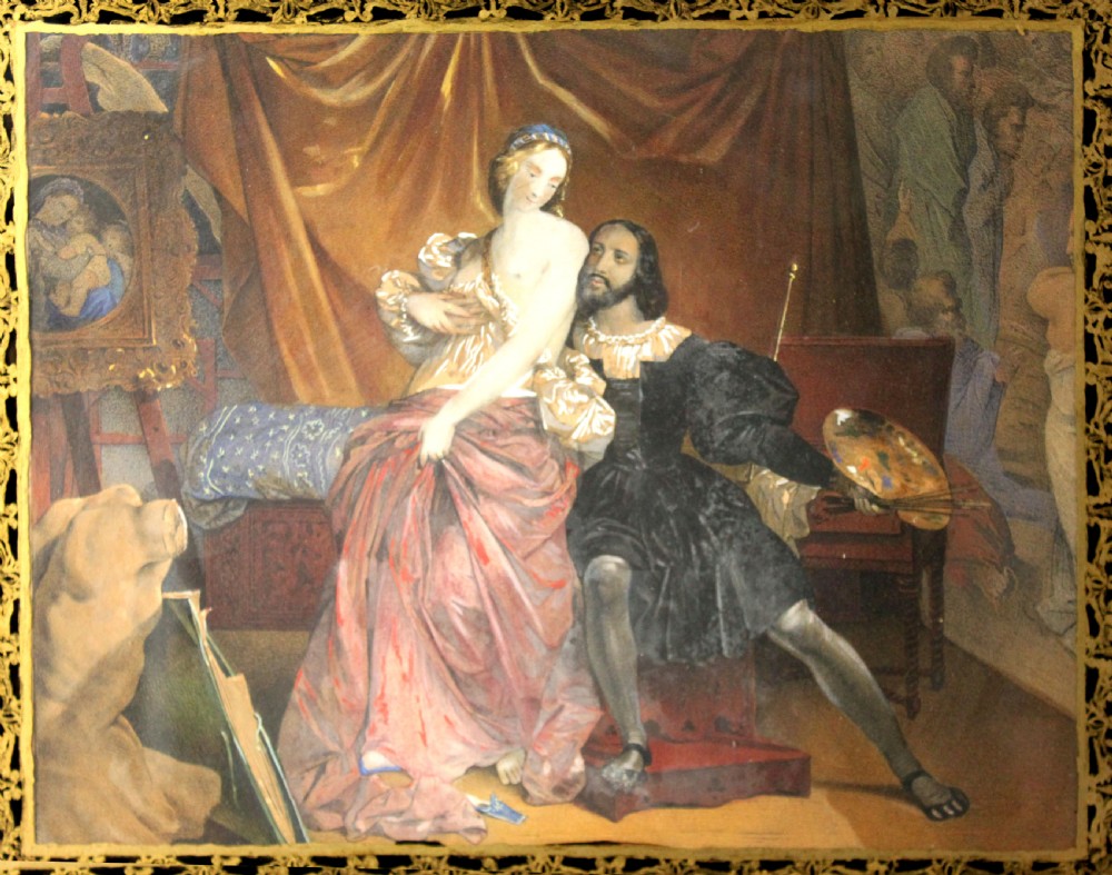 A 19th-century French narrative print titled Rome featuring an artist and his muse, housed within a black glass mount with gold filigree and an ornate giltwood frame. View III