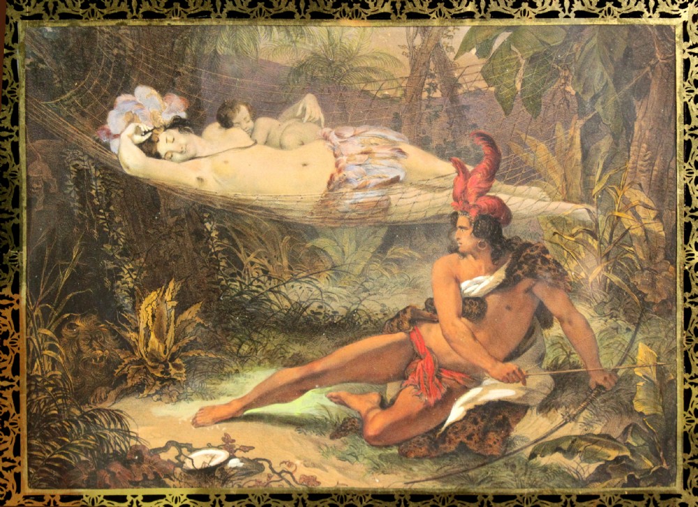 A 19th-century French narrative print titled Rome featuring an artist and his muse, housed within a black glass mount with gold filigree and an ornate giltwood frame. View IV