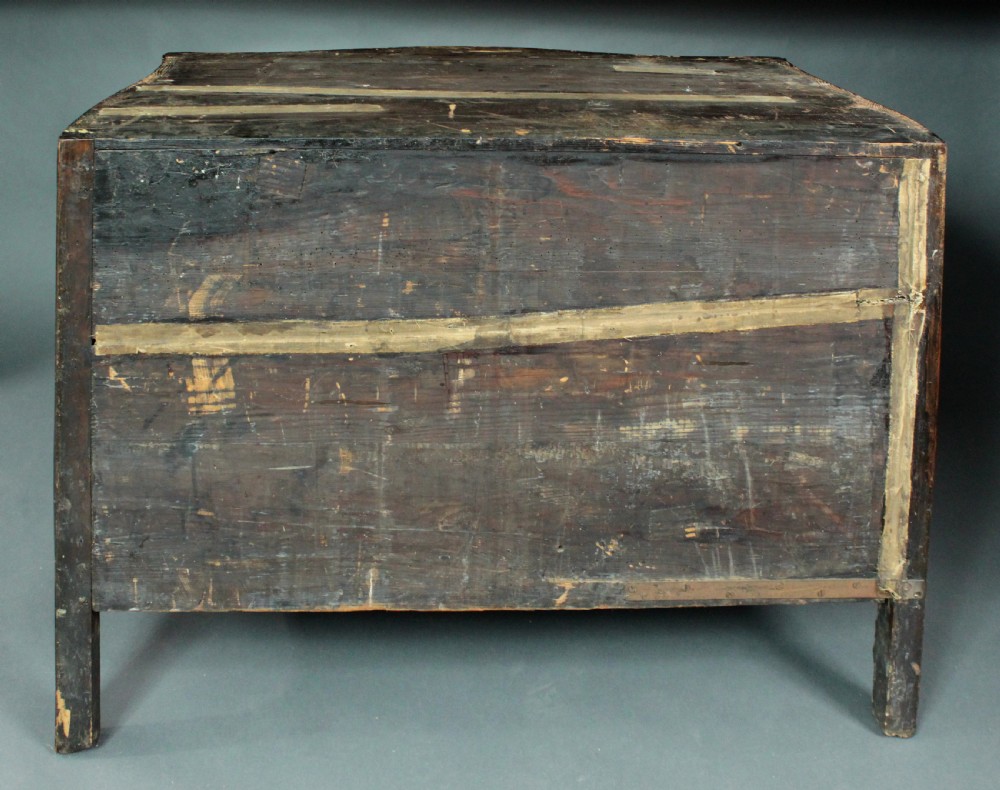 A Louis XV style kingwood commode featuring three drawers with geometric parquetry inlay, gilt bronze mounts, and a shaped grey marble top. View XII