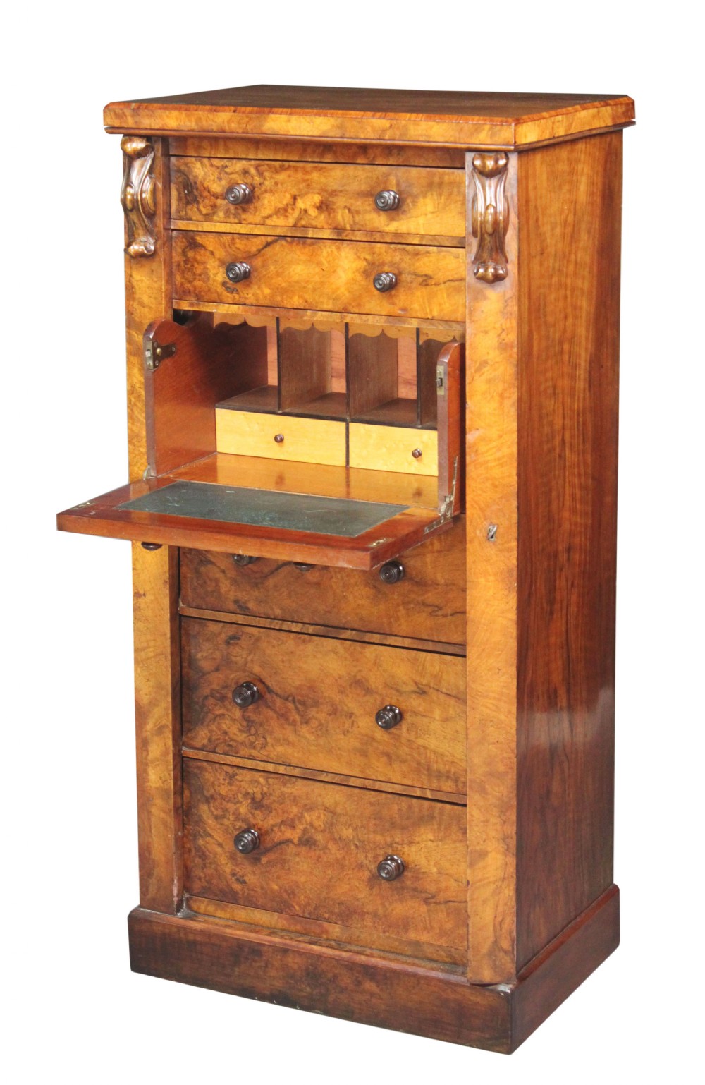 Victorian Burr Walnut Secretaire Wellington Chest
