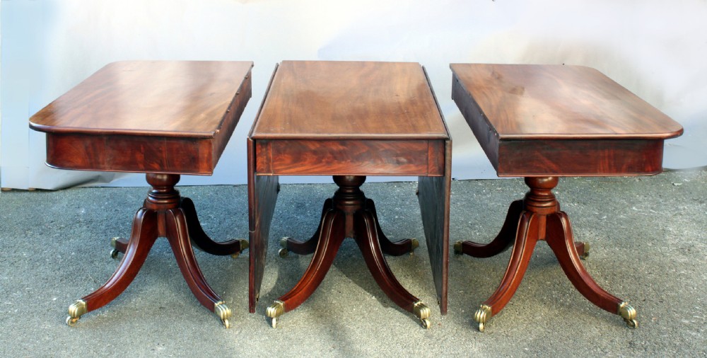 A long Regency-style mahogany extension dining table featuring three turned pedestal bases on brass cap castors. View IV