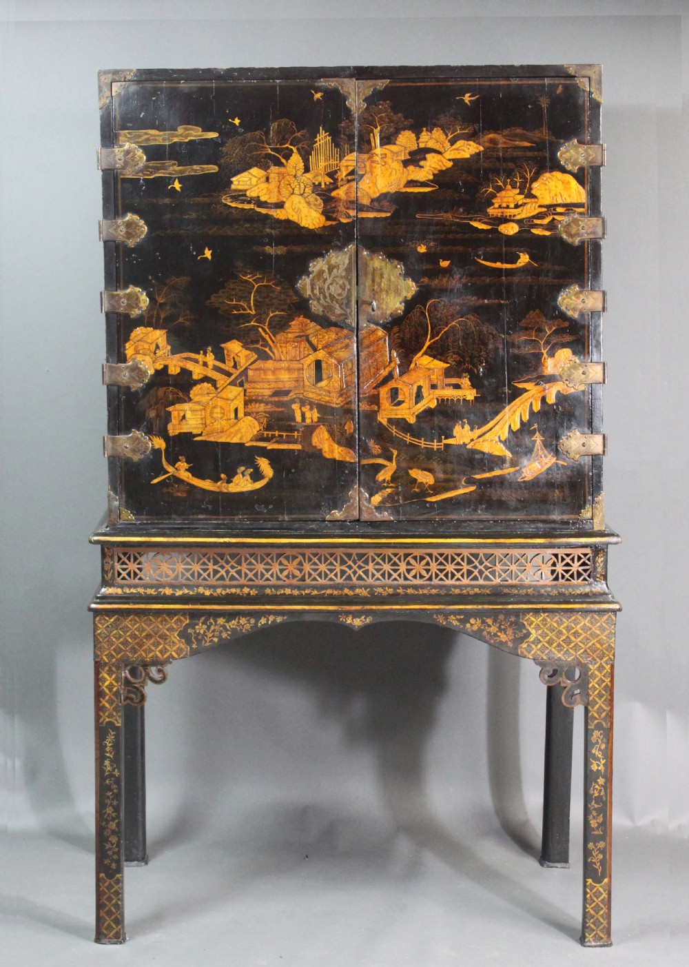 A William and Mary Black Lacquer Cabinet on Stand