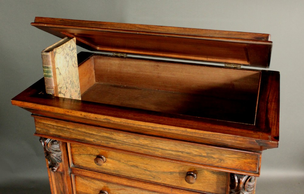 A tall, narrow Victorian rosewood Wellington chest featuring seven stacked drawers with wooden knob handles and a hinged side locking bar. View IX