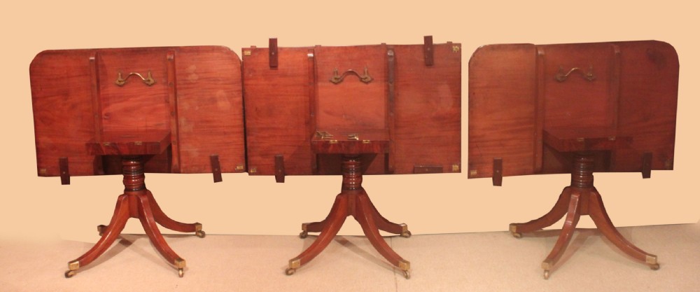 A long Regency mahogany dining table supported by three central pedestal bases with splayed legs and brass castors. View VIII