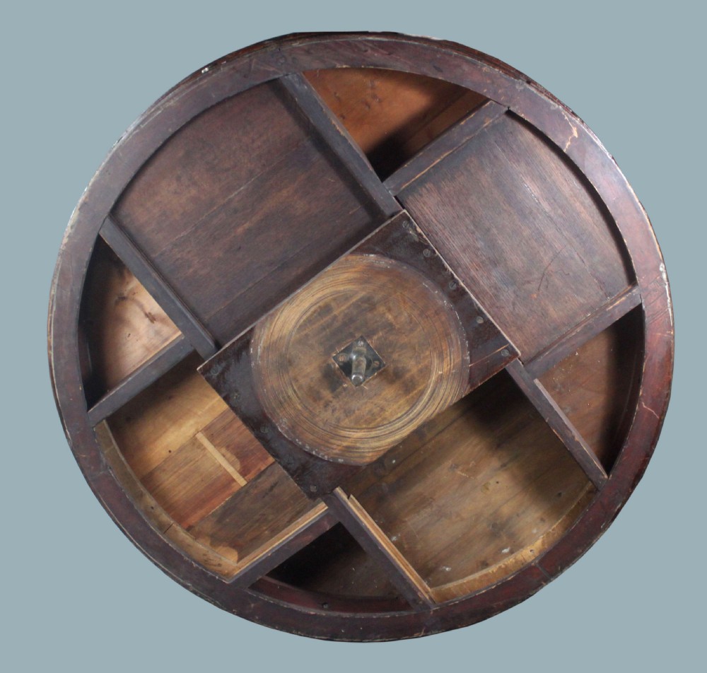 A circular Georgian mahogany drum table featuring a green leather inset top with gilt tooling, frieze drawers with brass handles, and a carved pedestal base resting on four splayed legs with castors. View XI