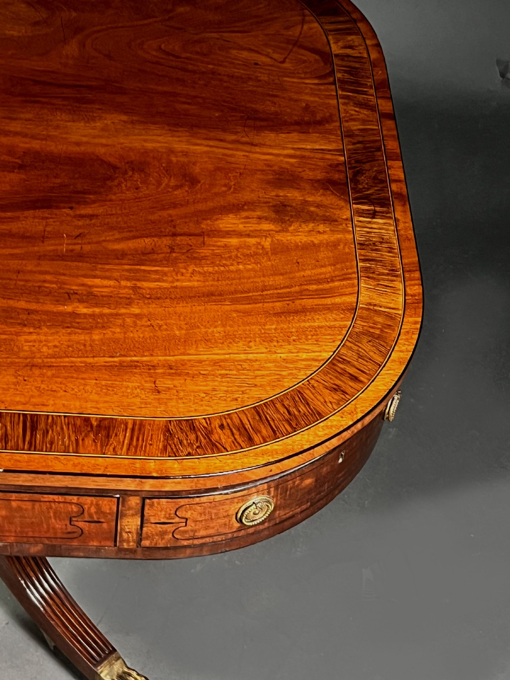 A Regency mahogany centre table featuring a rounded rectangular top, crossbanded border, drawer frieze with brass ring handles, and a reeded quadruped pedestal base with brass lion paw feet on castors. View VII