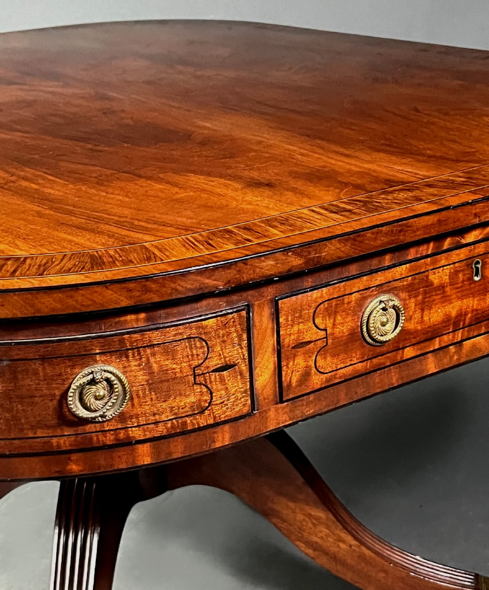 A Regency mahogany centre table featuring a rounded rectangular top, crossbanded border, drawer frieze with brass ring handles, and a reeded quadruped pedestal base with brass lion paw feet on castors. View XI