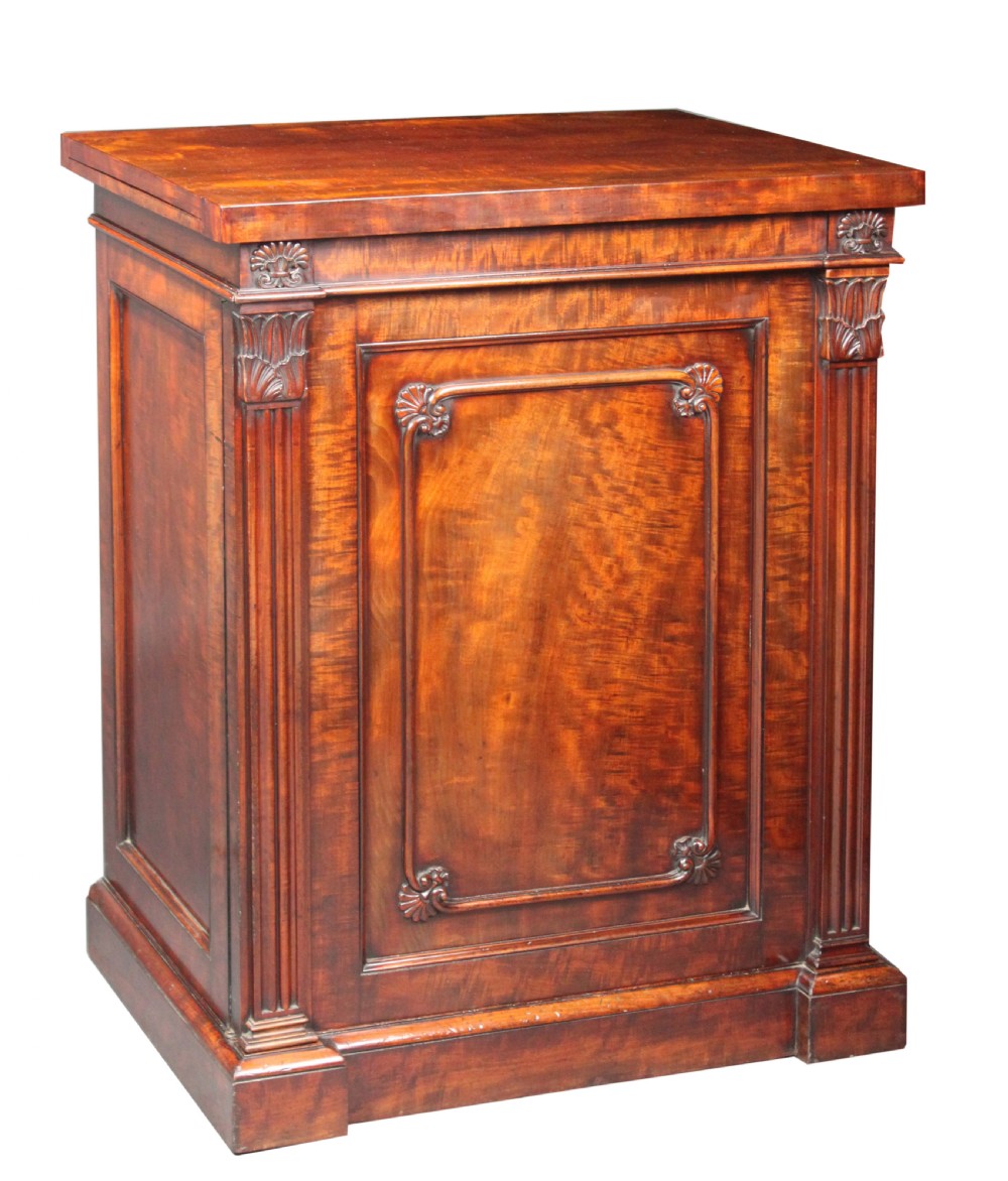 A nineteenth-century flame mahogany library cabinet featuring carved pilasters, reeded side columns, and a single recessed panel door set on a solid plinth base.