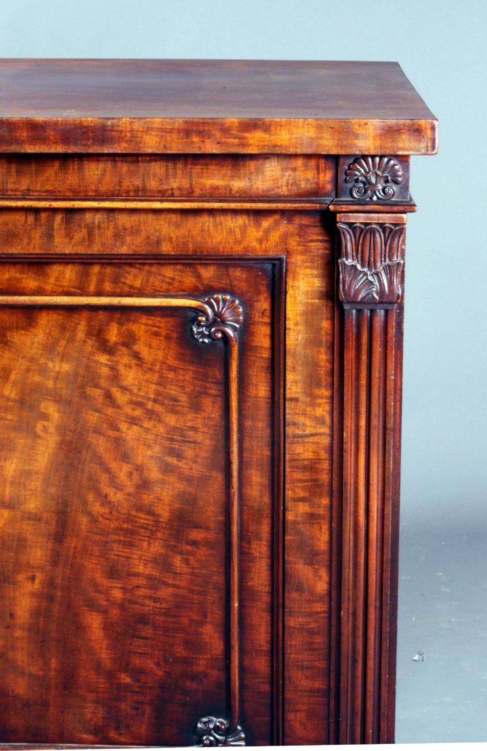 A nineteenth-century flame mahogany library cabinet featuring carved pilasters, reeded side columns, and a single recessed panel door set on a solid plinth base. View IV