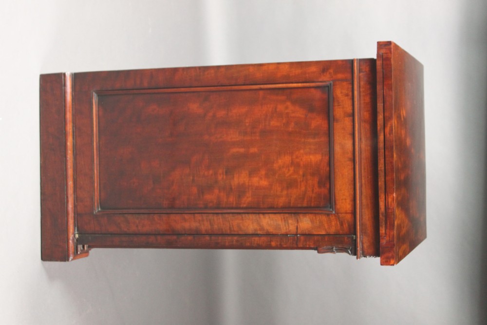 A nineteenth-century flame mahogany library cabinet featuring carved pilasters, reeded side columns, and a single recessed panel door set on a solid plinth base. View X