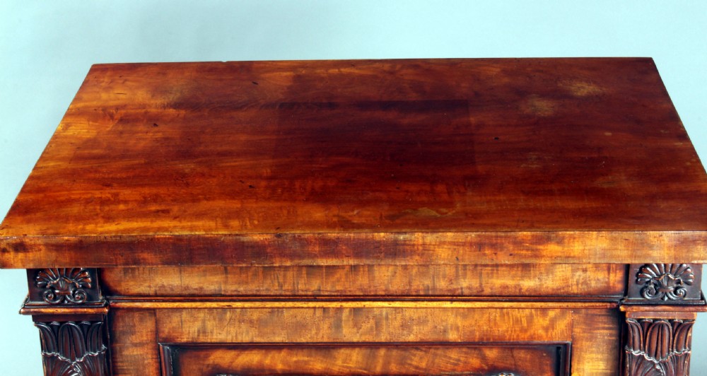 A nineteenth-century flame mahogany library cabinet featuring carved pilasters, reeded side columns, and a single recessed panel door set on a solid plinth base. View XIII