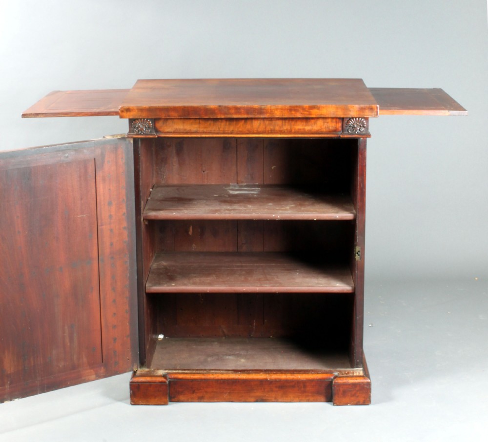 A nineteenth-century flame mahogany library cabinet featuring carved pilasters, reeded side columns, and a single recessed panel door set on a solid plinth base. View XIV