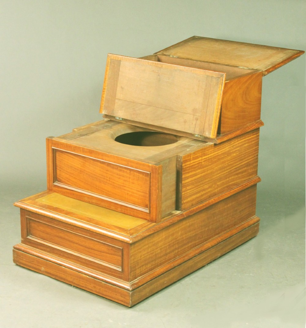 A three-tiered antique satinwood bed step unit featuring golden brown leather inset treads and rectangular panel detailing. View IV