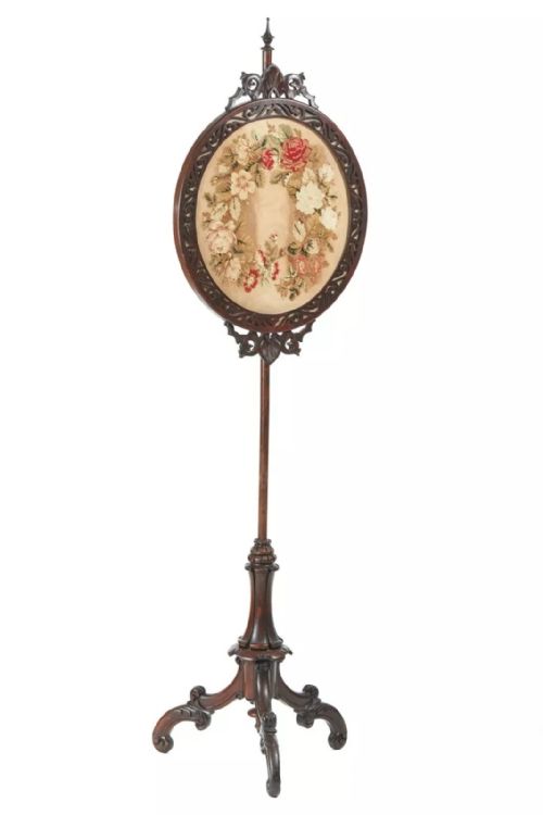 Victorian Tripod Pole Screen With Needlepoint Floral Tapestry