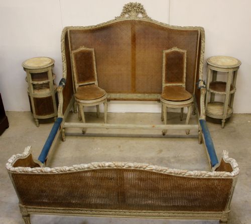 king size antique painted and cane bed - CATEGORY: ANTIQUE BEDS - DATED 1870