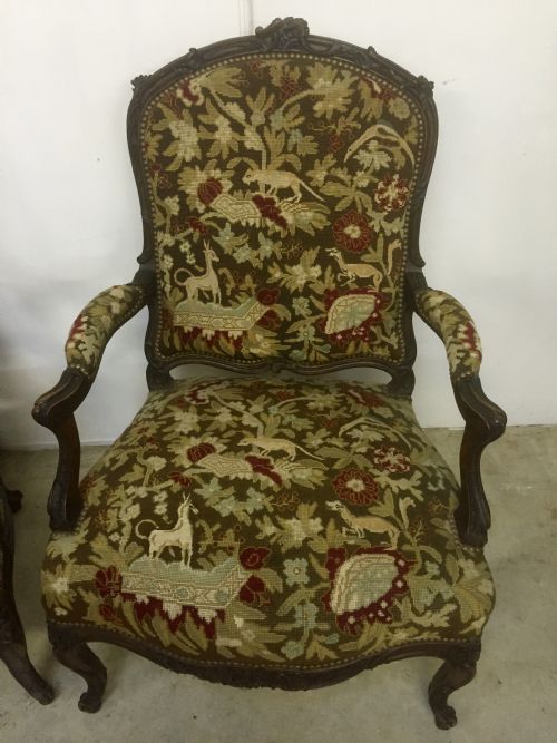 PAIR OF WALNUT AND TAPESTRY ARMCHAIRS - ADDITIONAL PHOTO 1